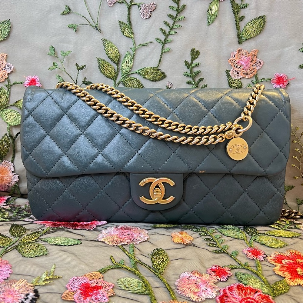 Auth CHANEL Bag • Crown East West Long Flap in Blue Quilted Leather Authentic